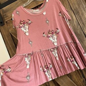 Mauve Floral Cow Skull Baby Doll Shirt